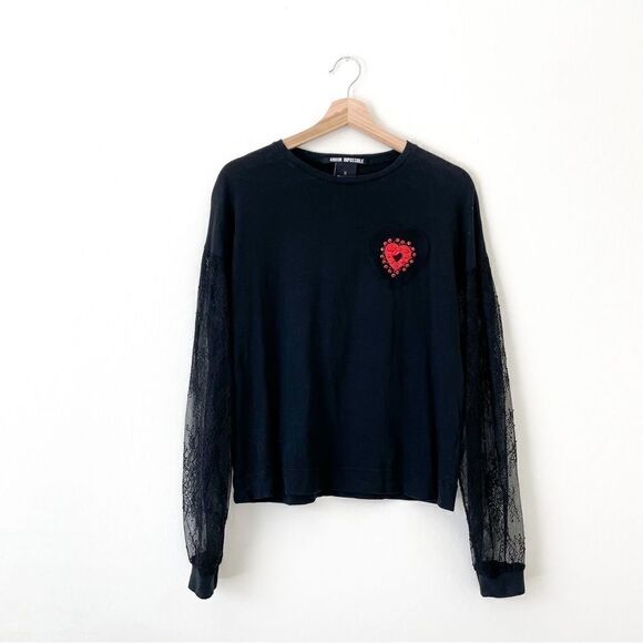PINKO Amour Impossible Black Long Sleeve Lace Red Heart Crystal Top Shirt - Picture 1 of 8